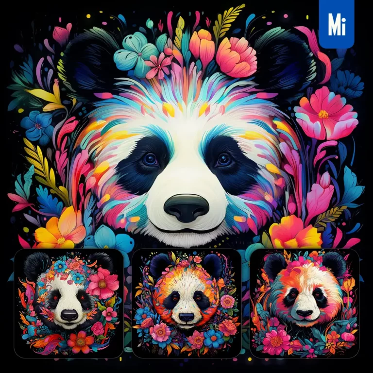 midjourney prompt panda flowers head face artist neon colorful painting illustration