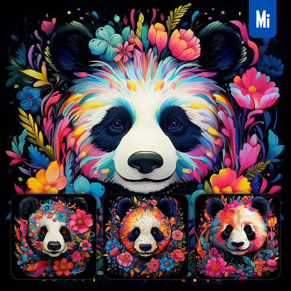 midjourney prompt panda flowers head face artist neon colorful painting illustration