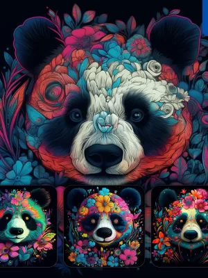 Midjourney Prompt Panda Front Head Face Flowers Artist Colorful Painting Illustration Tattoo Pattern