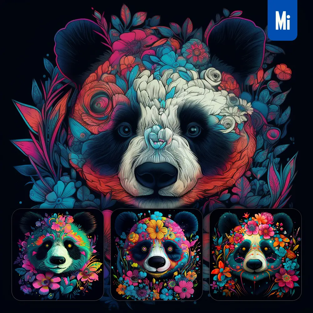midjourney prompt panda front head face flowers artist colorful painting illustration tattoo pattern