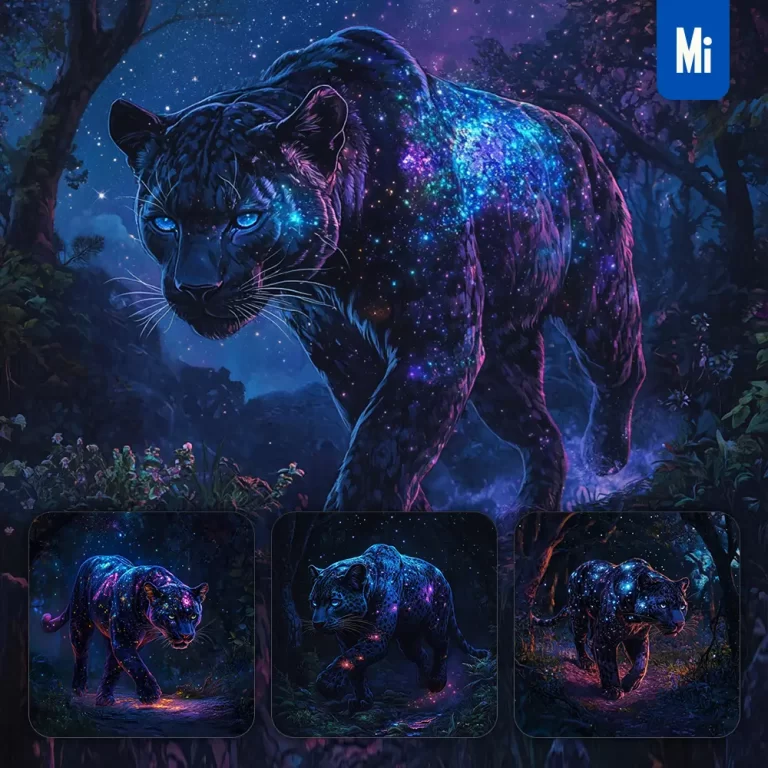 midjourney prompt panther night enchanted forest starry sky illustration painting