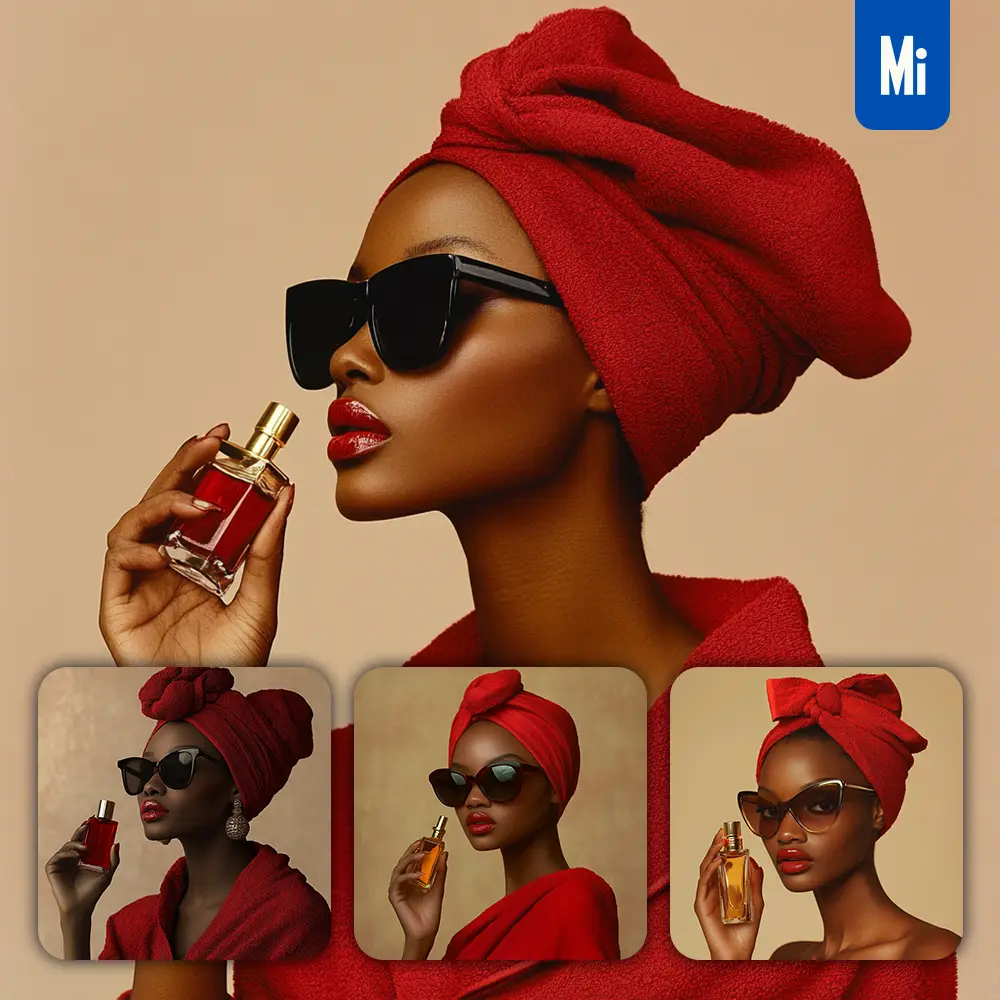 Midjourney Prompt Perfume Fragrance Red African Girl Woman Sunglasses Model Scouring Bath Portrait Fashion Photography