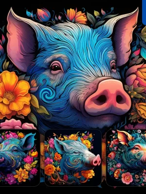 Midjourney Prompt Pig Flowers Head Face Artist Neon Colorful Painting Illustration