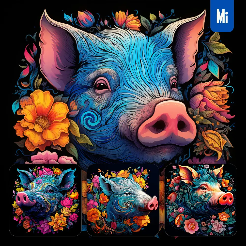 midjourney prompt pig flowers head face artist neon colorful painting illustration