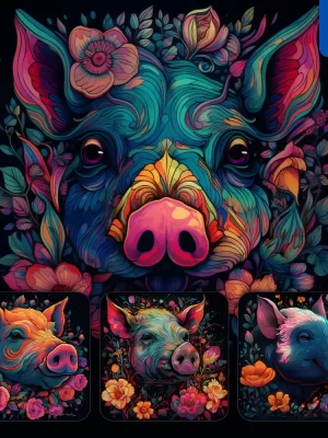 Midjourney Prompt Pig Front Head Face Flowers Artist Colorful Painting Illustration