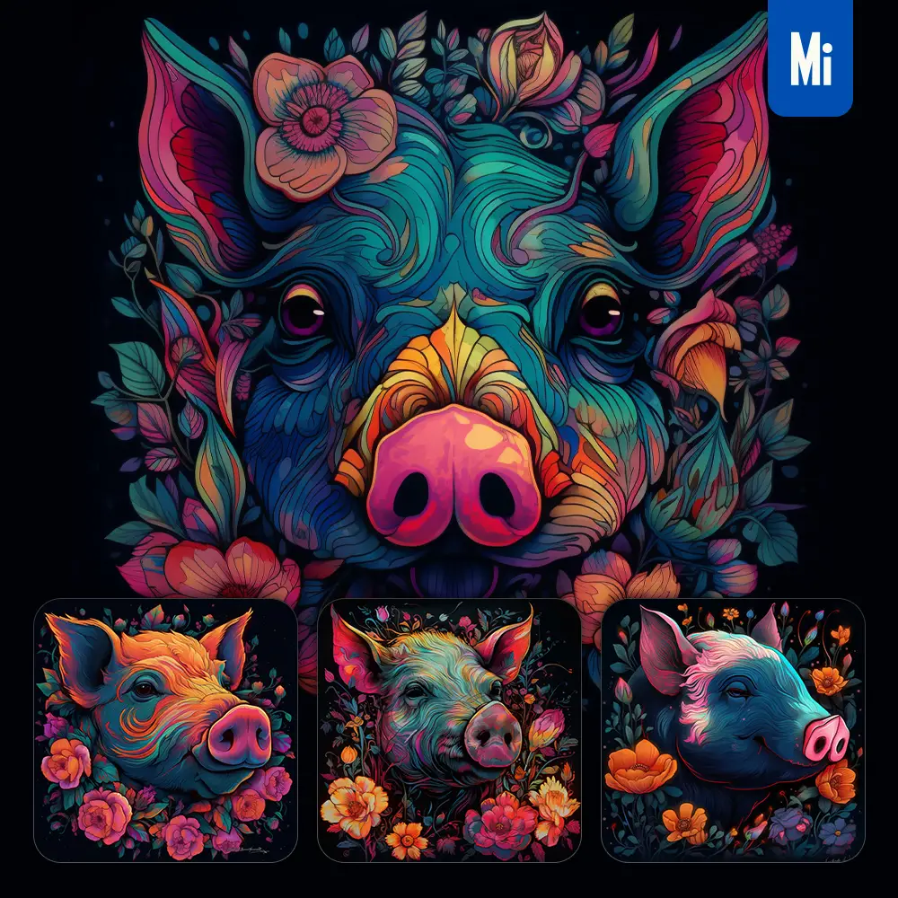midjourney prompt pig front head face flowers artist colorful tattoo painting illustration