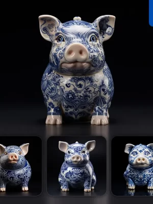 Midjourney Prompt Pig Porcelain Blue Animals Chinese China Pattern 3d