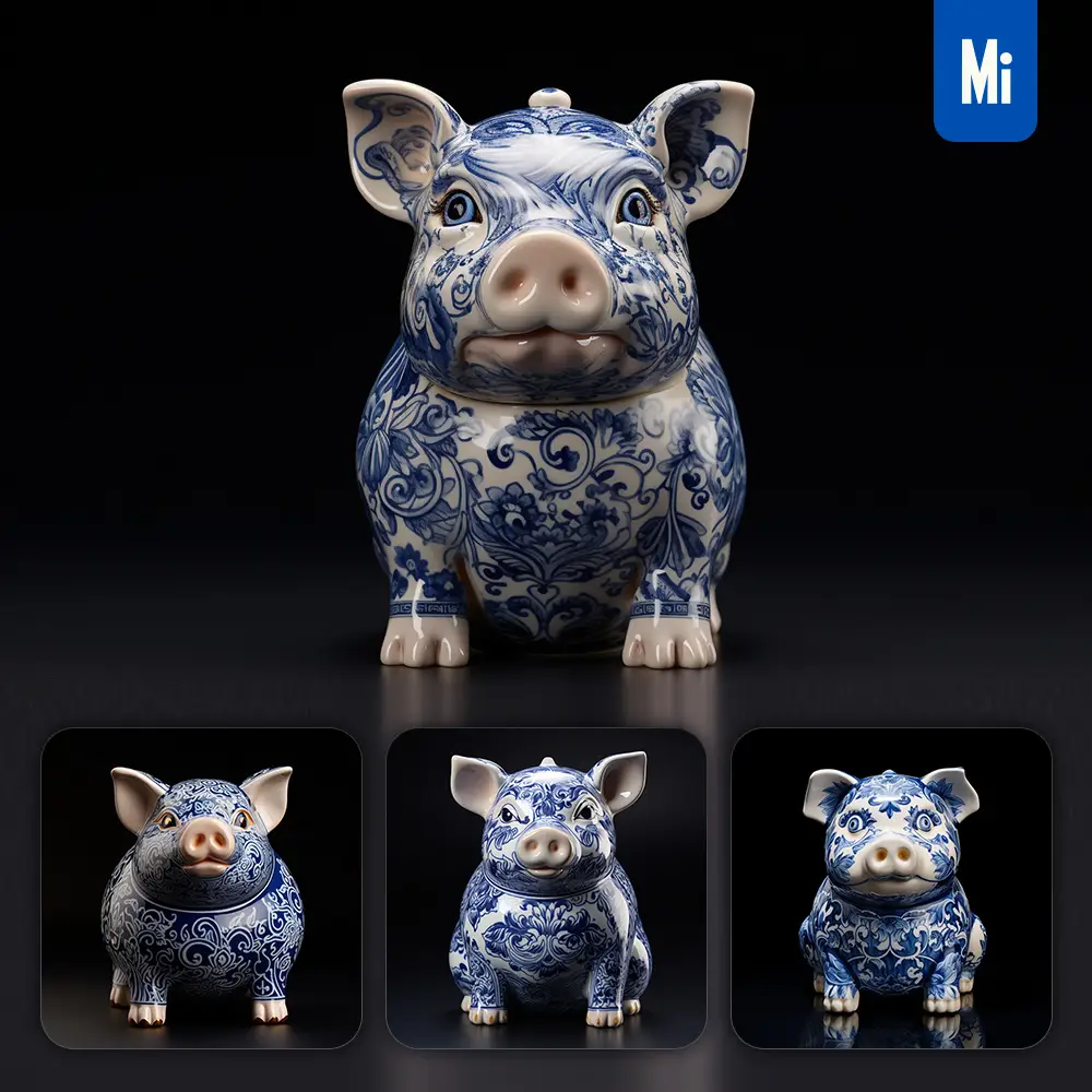 midjourney prompt pig porcelain blue animals Chinese China pattern 3D