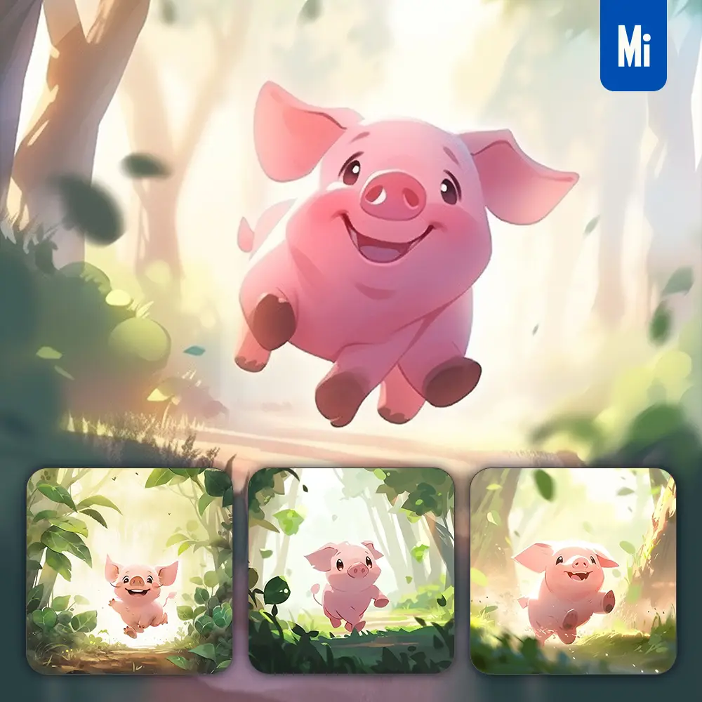 midjourney prompt pig run happy forest ink tree watercolor painting illustration