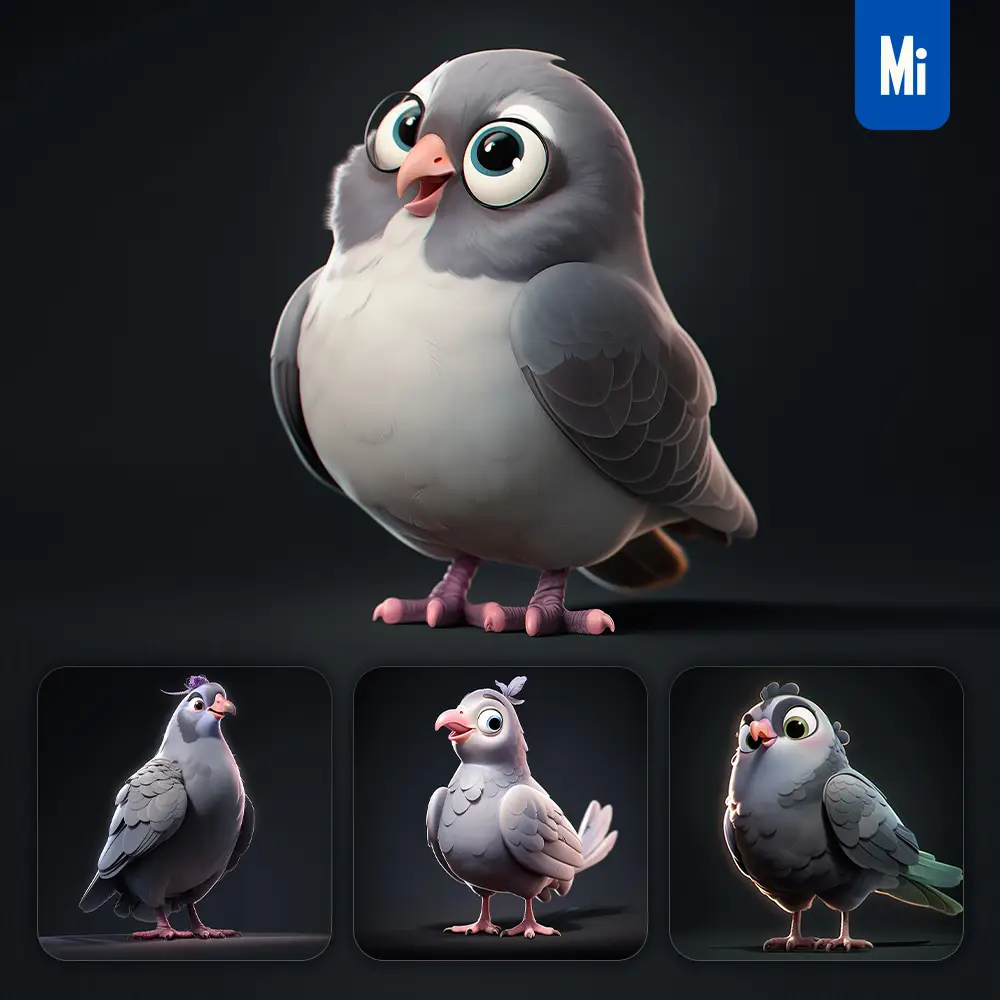 midjourney prompt pigeon cute 3D cartoon IP character C4D animation