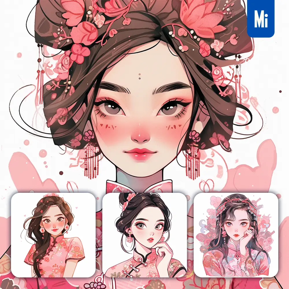 midjourney prompt pink Chinese girl woman cheongsam portrait cartoon illustration