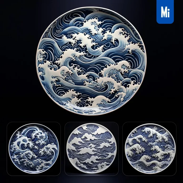 midjourney prompt plate dish disc sea waves porcelain blue Chinese China pattern 3D