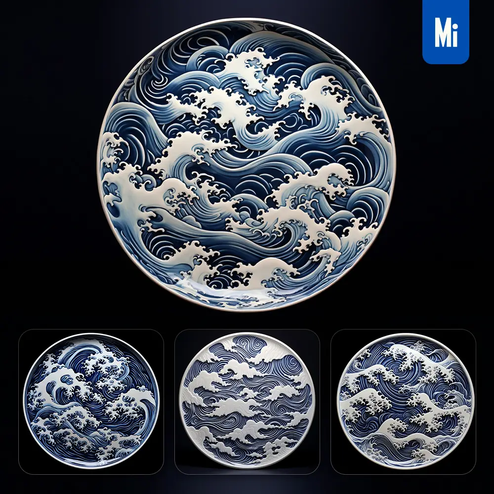 midjourney prompt plate dish disc sea waves porcelain blue Chinese China pattern 3D