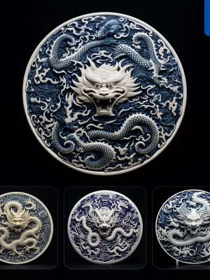 Midjourney Prompt Plate Dish Dragon Porcelain Blue Animals Chinese China Pattern 3d