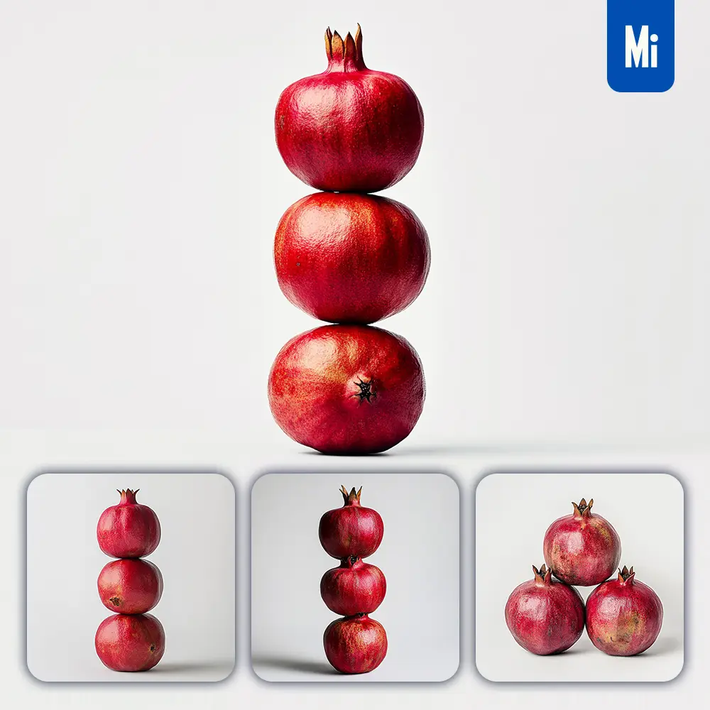 midjourney prompt pomegranate connected fruits stack photography