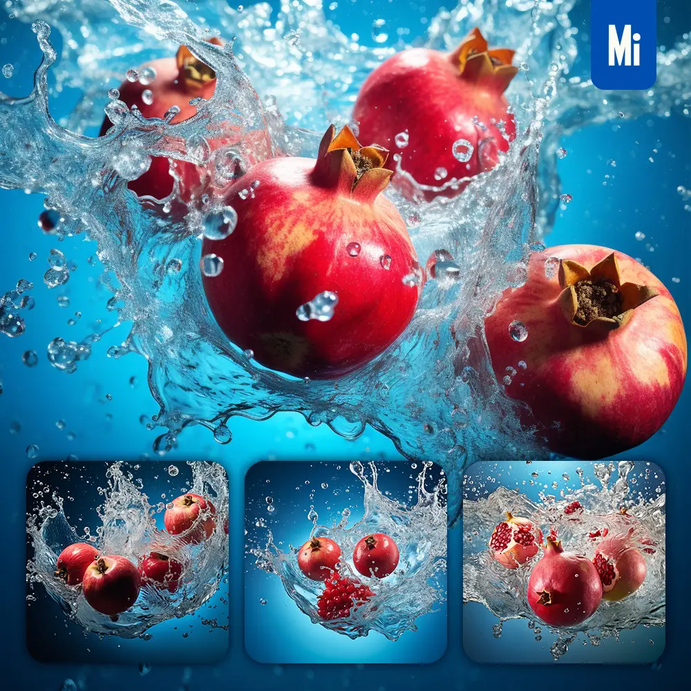 midjourney prompt pomegranate underwater splash water spray photography