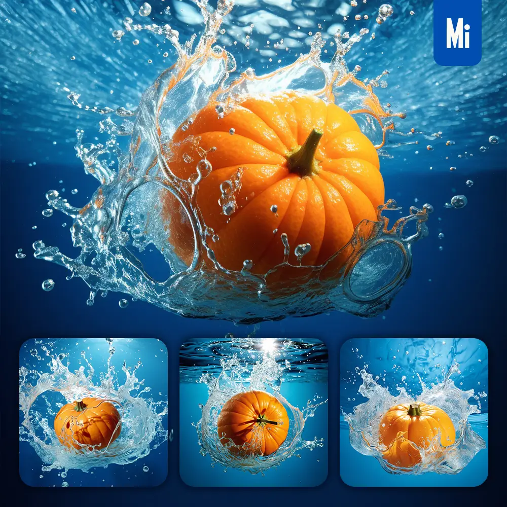 Midjourney Prompt Pumpkin Underwater Splash Water Spray Photography