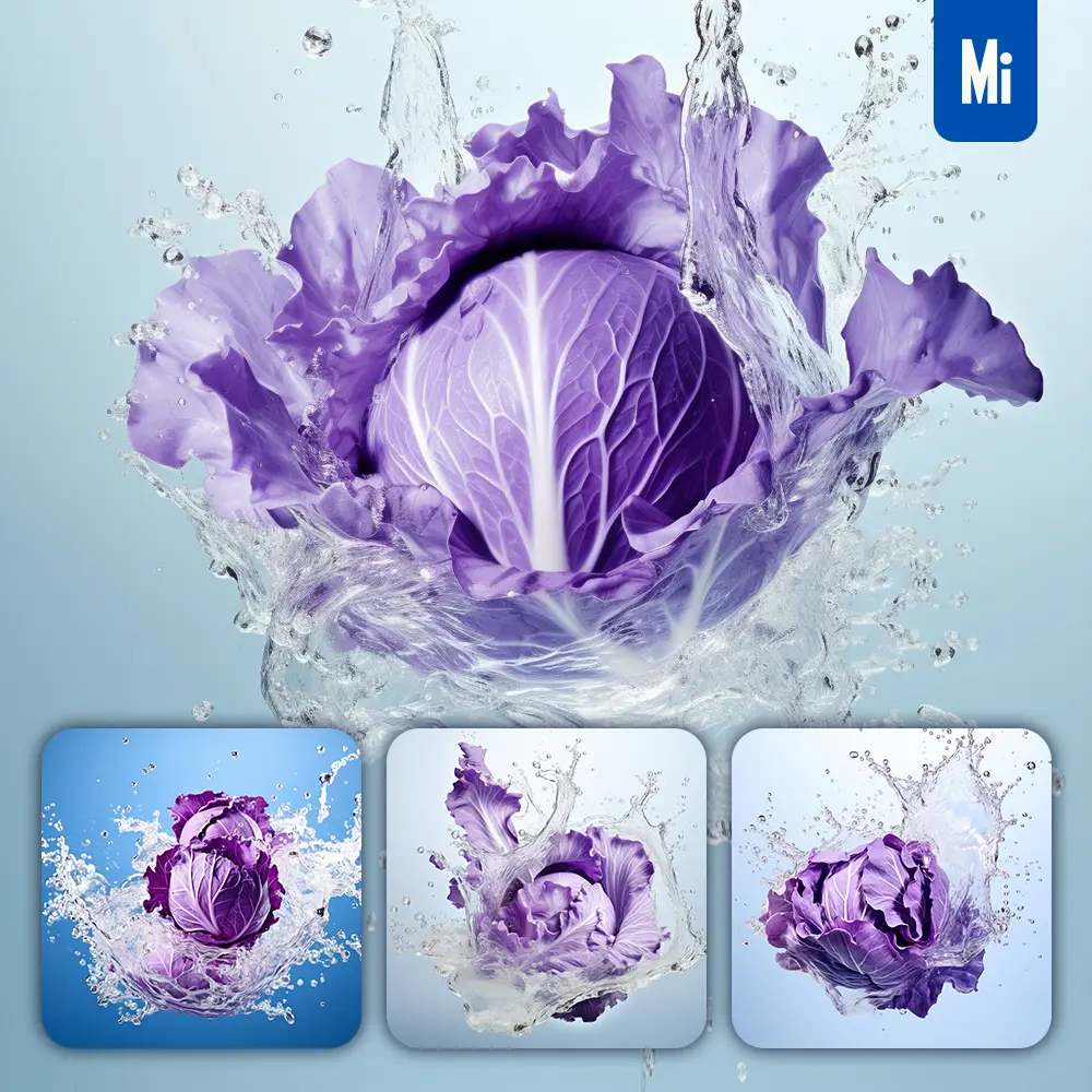 Midjourney Prompt Purple Cabbage Underwater Splash Water Spray Photography