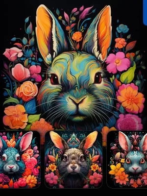Midjourney Prompt Rabbit Front Head Face Flowers Artist Colorful Painting Illustration Tattoo Pattern