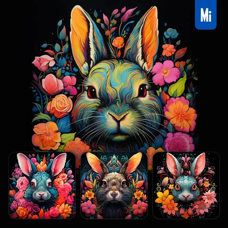 midjourney prompt rabbit front head face flowers artist colorful painting illustration tattoo pattern
