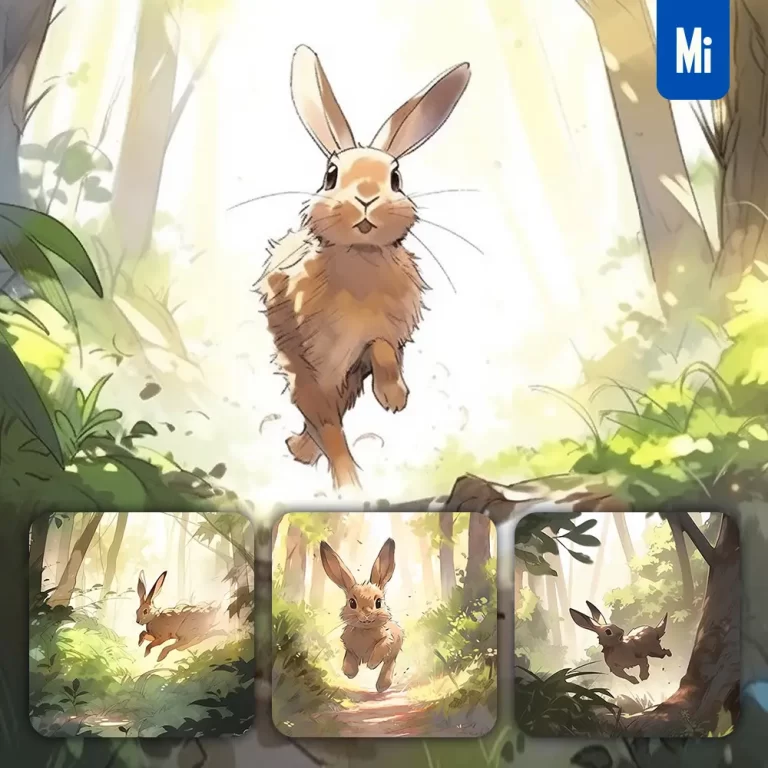 midjourney prompt rabbit hare run happy forest ink tree watercolor painting illustration
