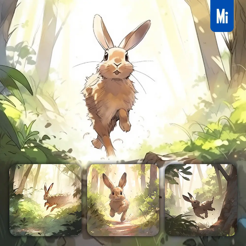 Midjourney Prompt Rabbit Hare Run Happy Forest Ink Tree Watercolor Painting Illustration