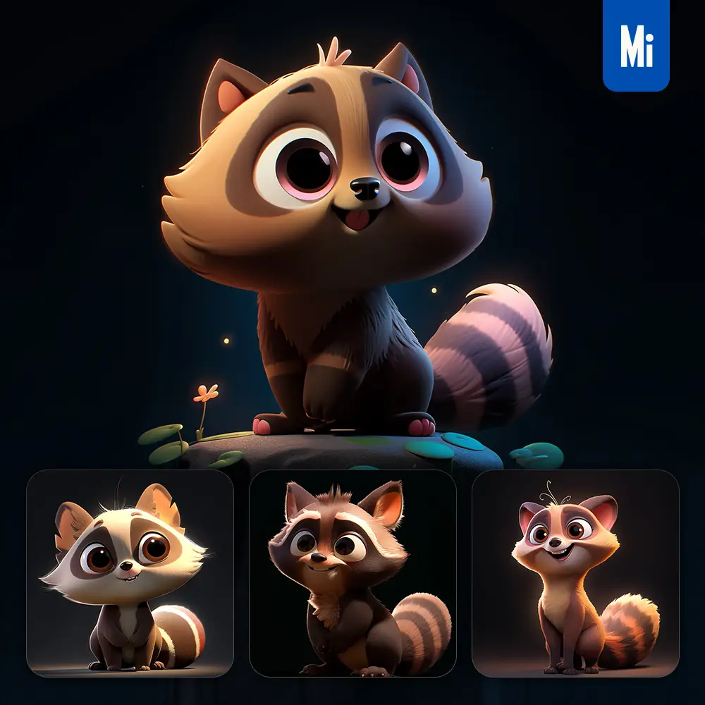 midjourney prompt raccoon cute 3D cartoon IP character C4D animation