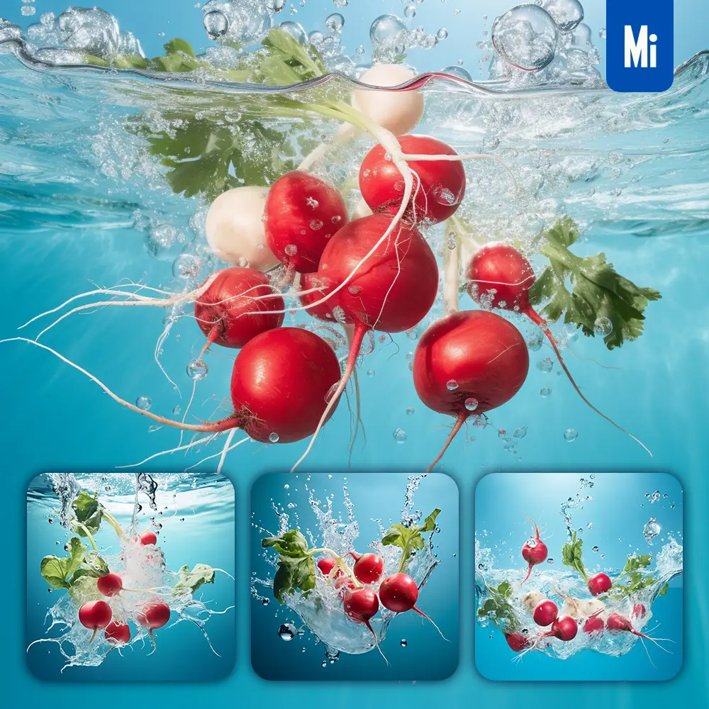 midjourney prompt radish underwater splash water spray photography