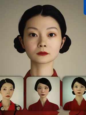 Midjourney Prompt Red Asian Japanese Kimono Grotesque Exaggerated Dress Woman Girl Lady Face Portrait Animation Cartoon Painting