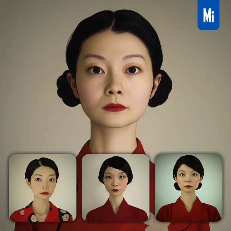 midjourney prompt red Asian Japanese kimono grotesque exaggerated dress woman girl lady face portrait animation cartoon painting