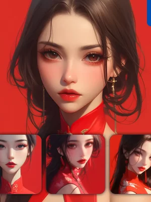 Midjourney Prompt Red Chinese Asian Cheongsam Beautiful Woman Girl Lady Face Portrait Animation Cartoon