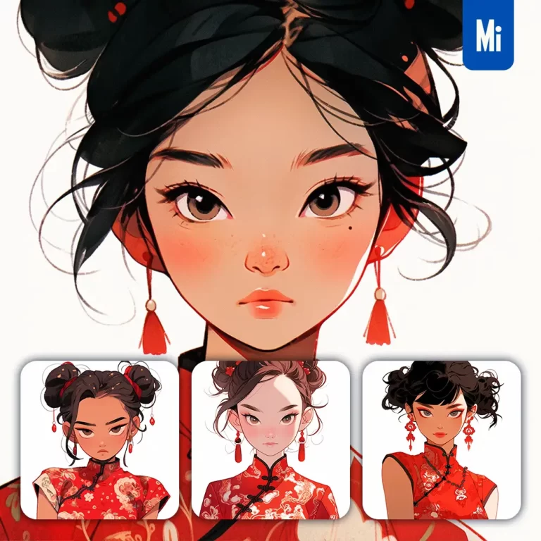 midjourney prompt red Chinese girl woman cheongsam portrait cartoon illustration
