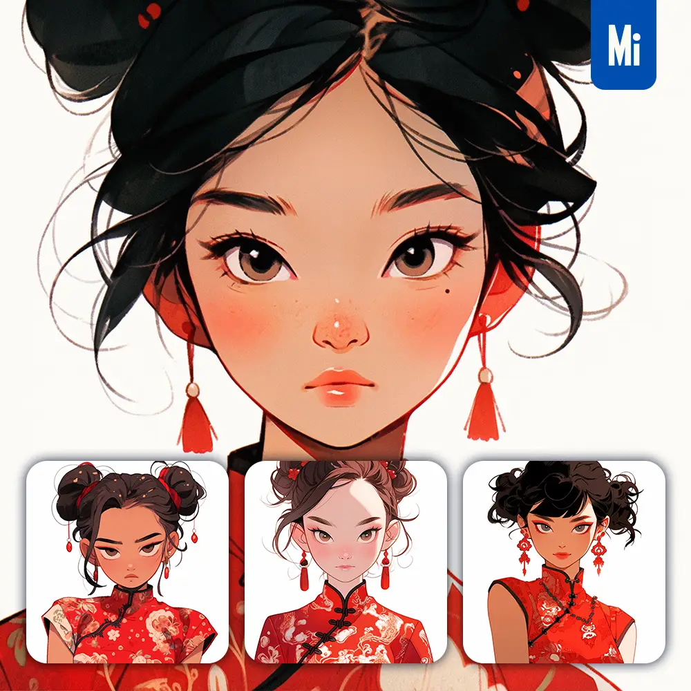 midjourney prompt red Chinese girl woman cheongsam portrait cartoon illustration