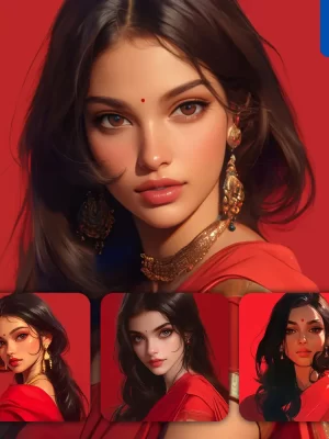 Midjourney Prompt Red Indian Asian Sari Beautiful Woman Girl Lady Face Portrait Animation Cartoon