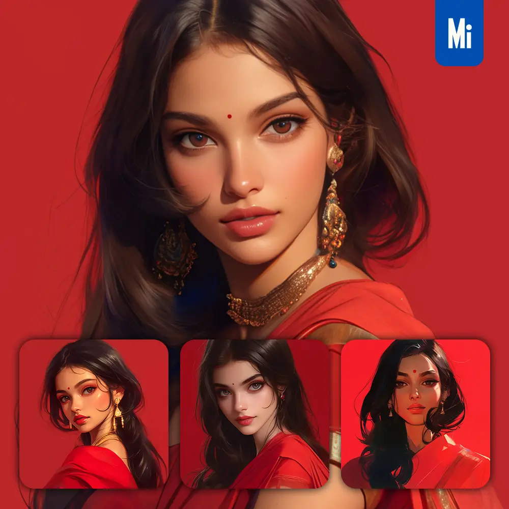 Midjourney Prompt Red Indian Asian Sari Beautiful Woman Girl Lady Face Portrait Animation Cartoon