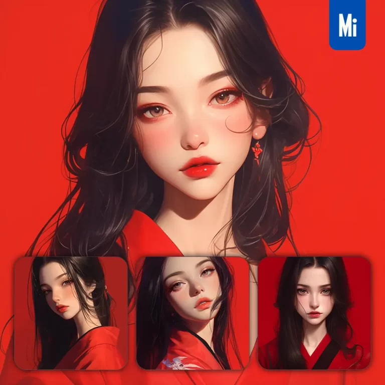 midjourney prompt red Japanese Asian kimono beautiful woman girl lady face portrait animation cartoon