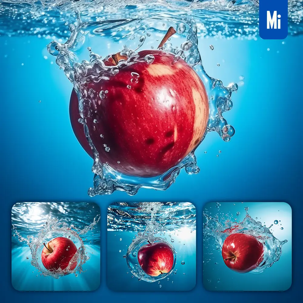 midjourney prompt red apple underwater splash water spray photography