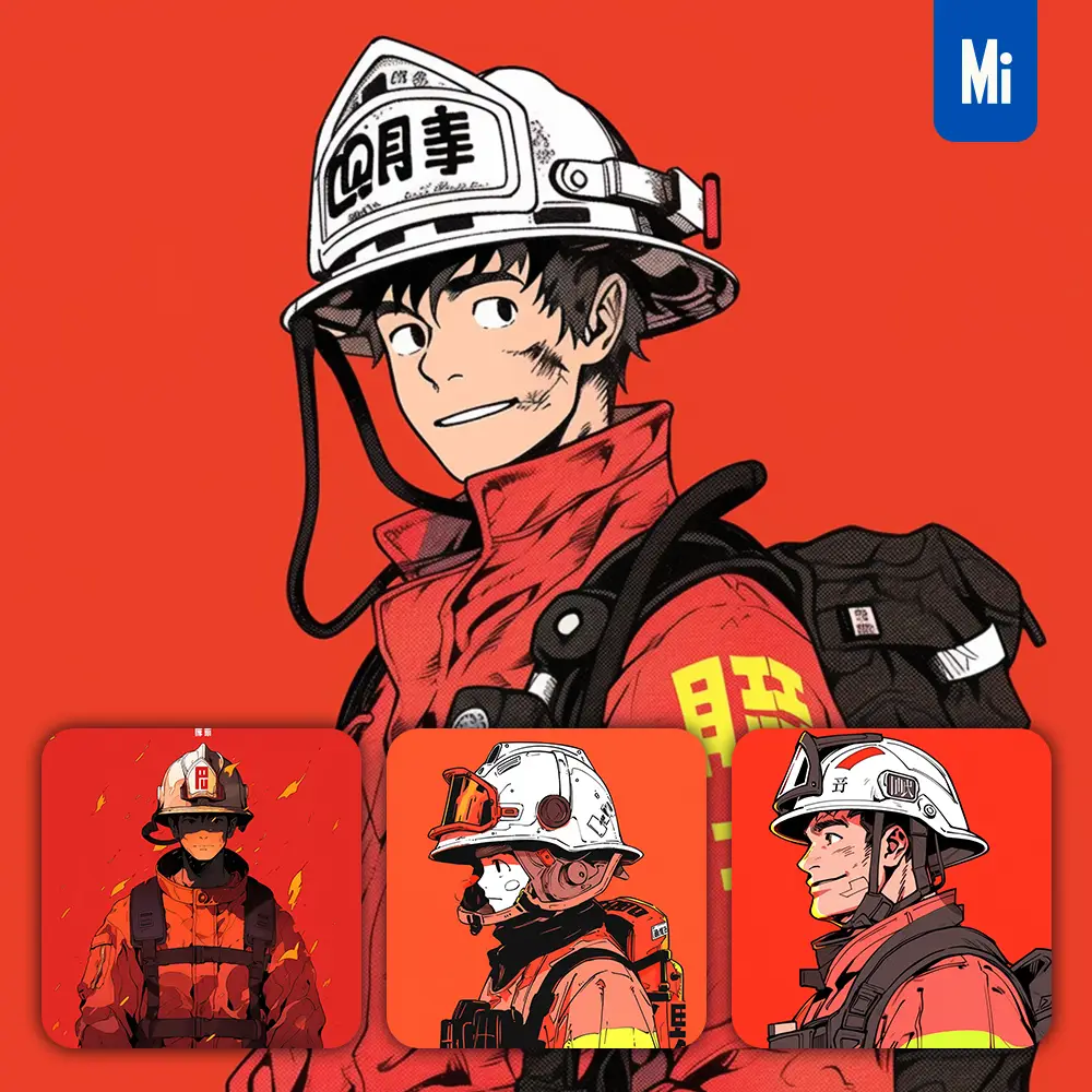 Midjourney Prompt Red Firefighter Man Helmet Animation Character Portrait Cartoon Illustration