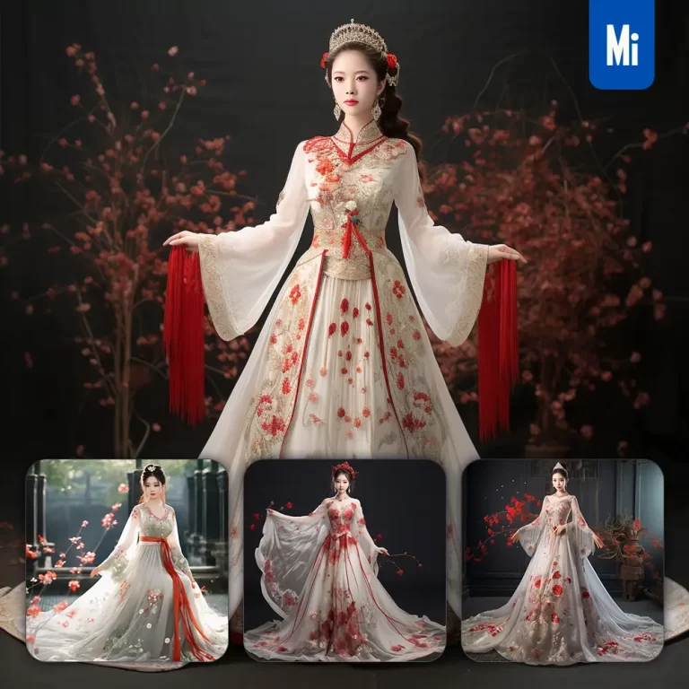 midjourney prompt red white wedding dress fairy Chinese traditional model apparel design skirt