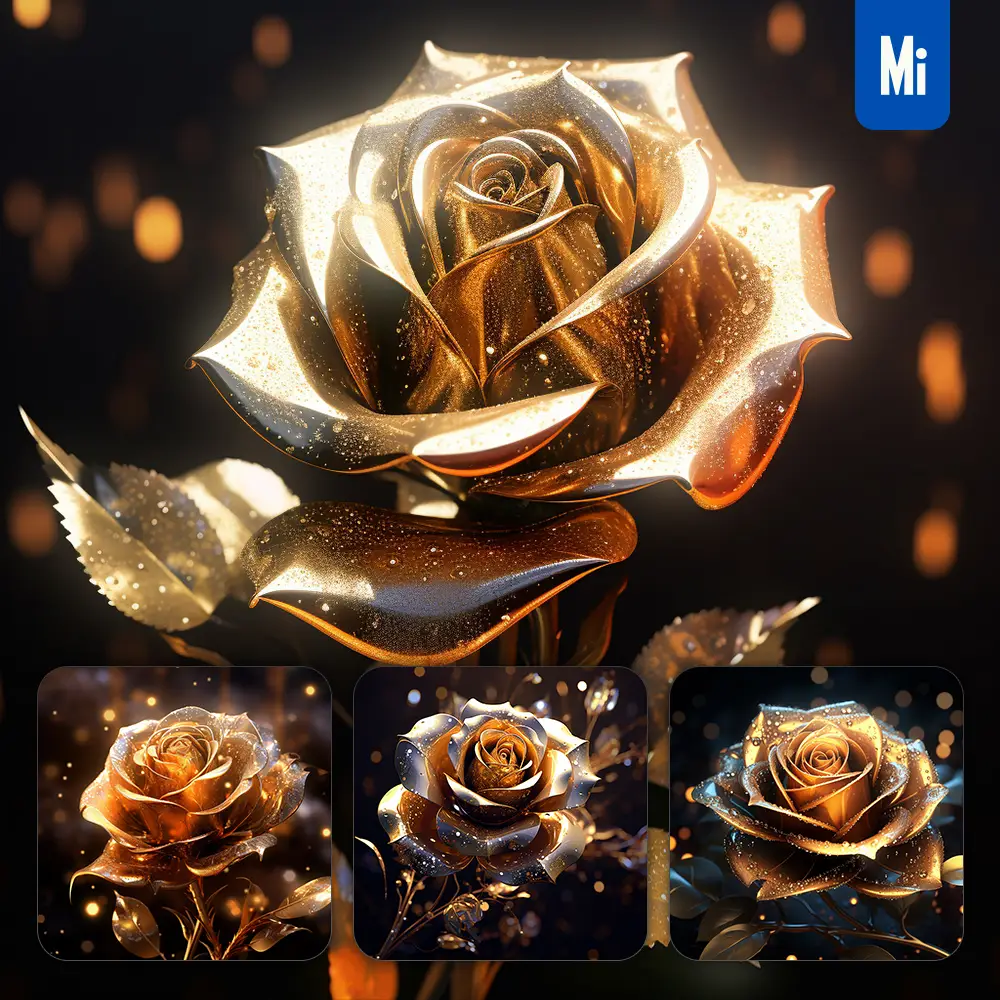 midjourney prompt rose light flower golden sparkling lighting material 3D