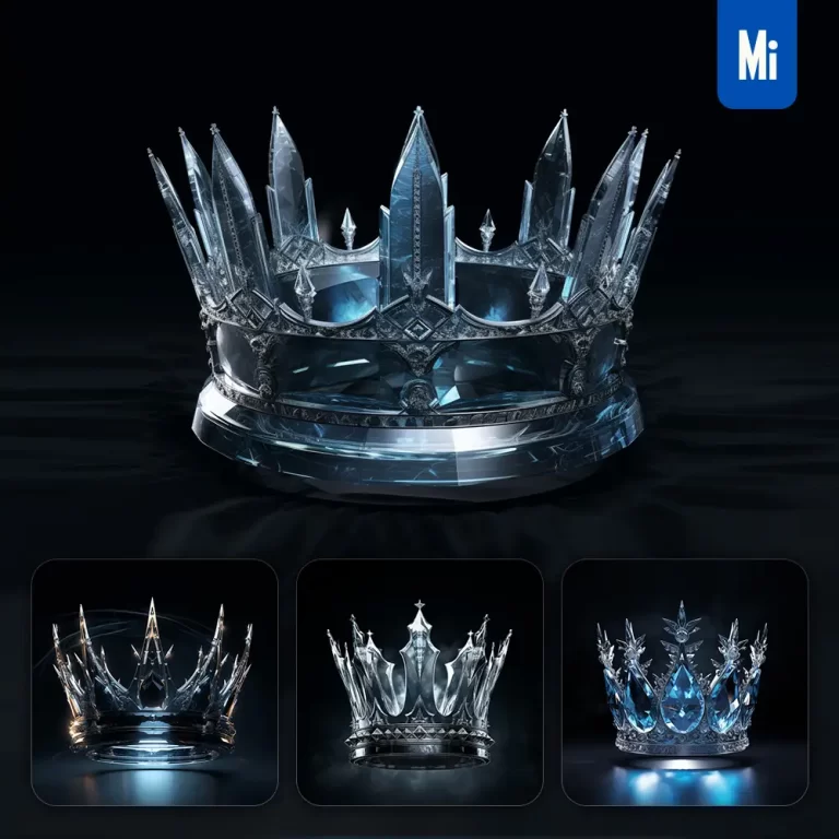 midjourney prompt royal crown glass crystal 3D transparent