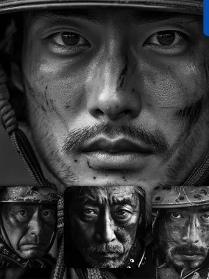 Midjourney Prompt Samurai Warrior Japanese Man Male Face Head Portrait Black And White Photography
