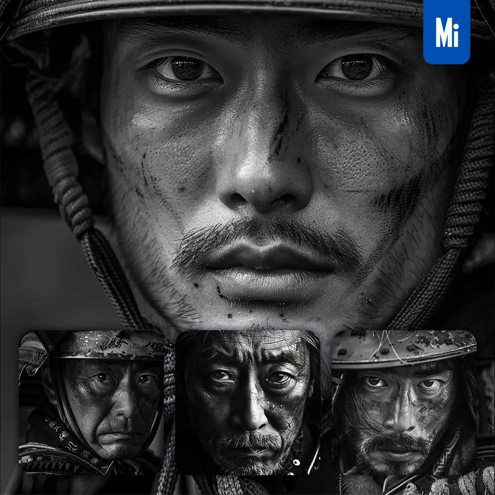 midjourney prompt samurai warrior Japanese man male face head portrait black and white photography