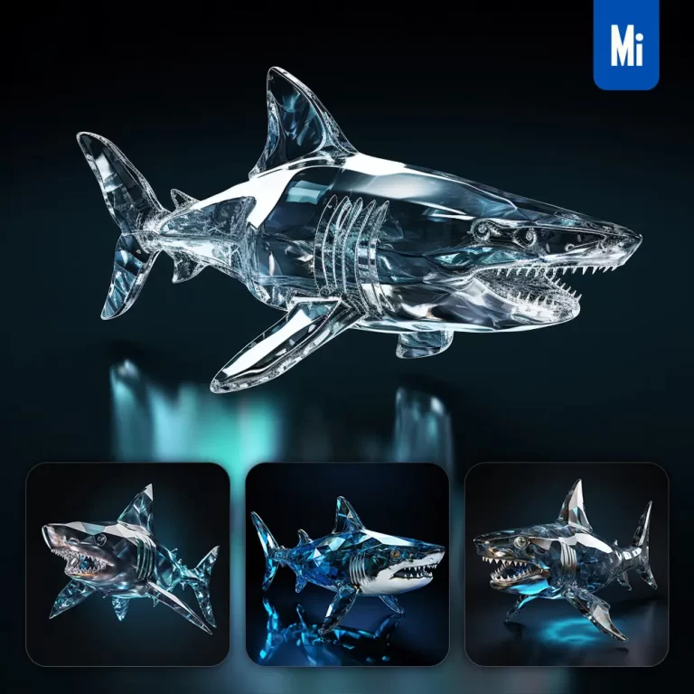 midjourney prompt shark glass crystal 3D transparent