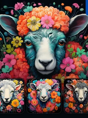 Midjourney Prompt Sheep Front Head Face Flowers Artist Colorful Painting Illustration Tattoo Pattern