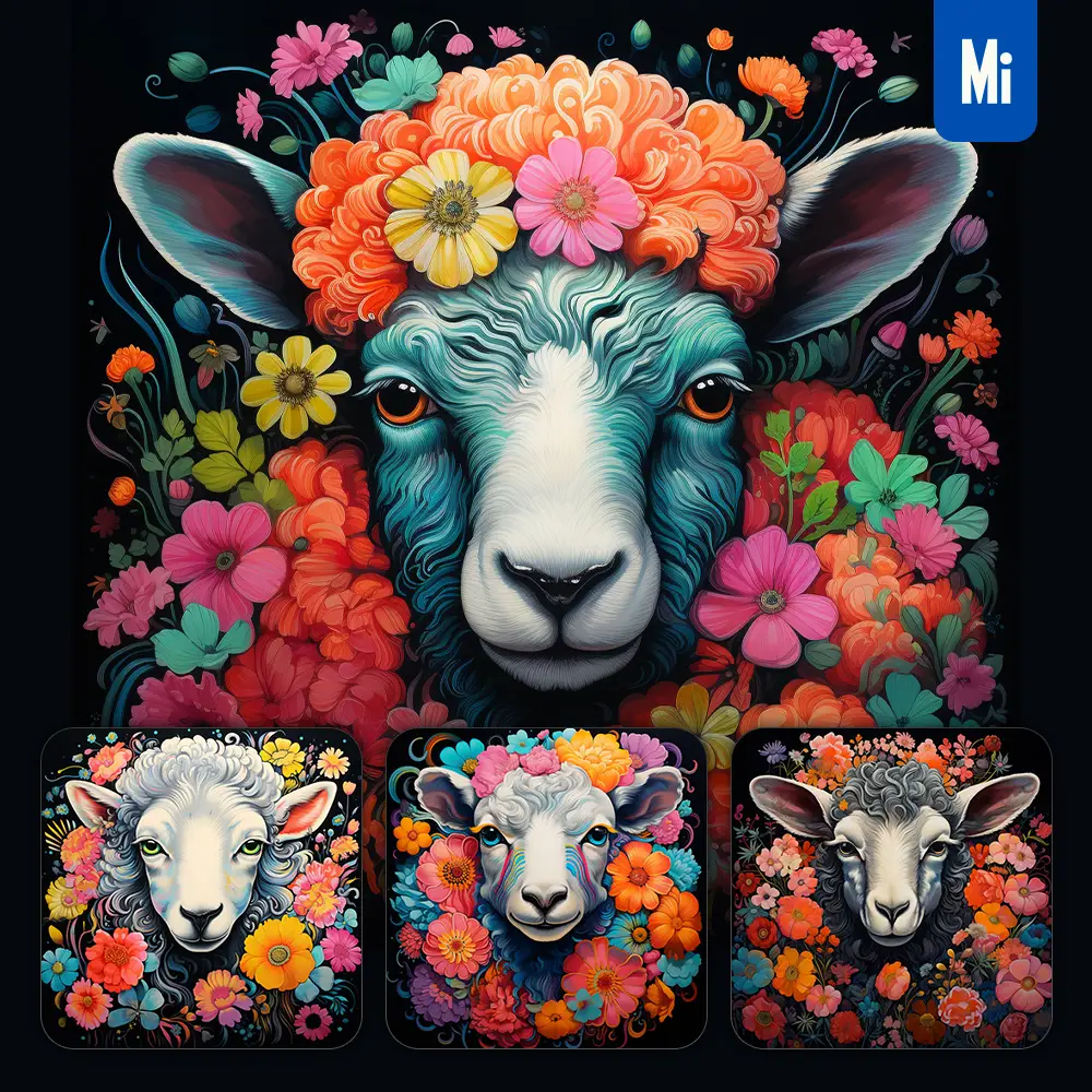 Midjourney Prompt Sheep Front Head Face Flowers Artist Colorful Painting Illustration Tattoo Pattern