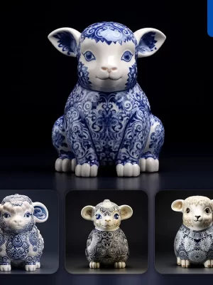 Midjourney Prompt Sheep Porcelain Blue Animals Chinese China Pattern 3d