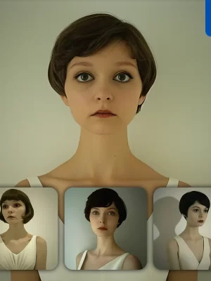 Midjourney Prompt Short Hair Grotesque Exaggerated Dress Woman Girl Lady Face Portrait Animation Cartoon Painting