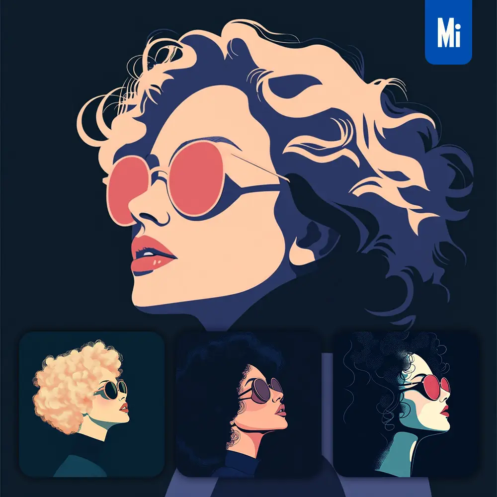 Midjourney Prompt Side Curls Lady Woman Head Face Vintage Vector Sunglasses Flat Portrait Illustration