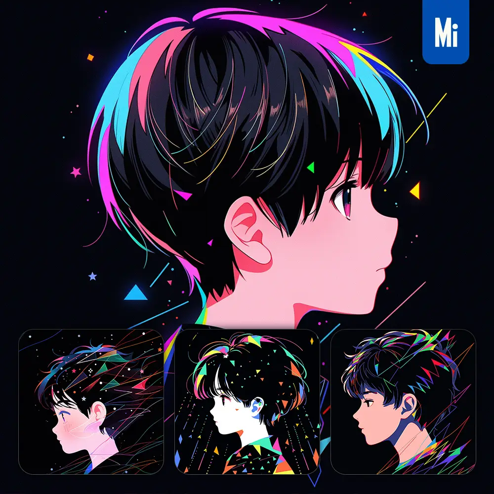midjourney prompt side cute boy children cartoon Japanese animation portrait vector illustration art colorful